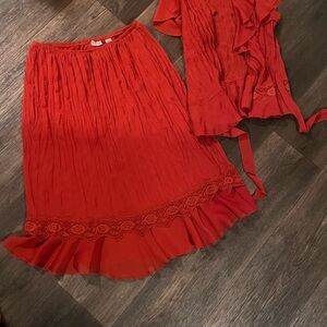 Red Pleated A-Line Midi Skirt